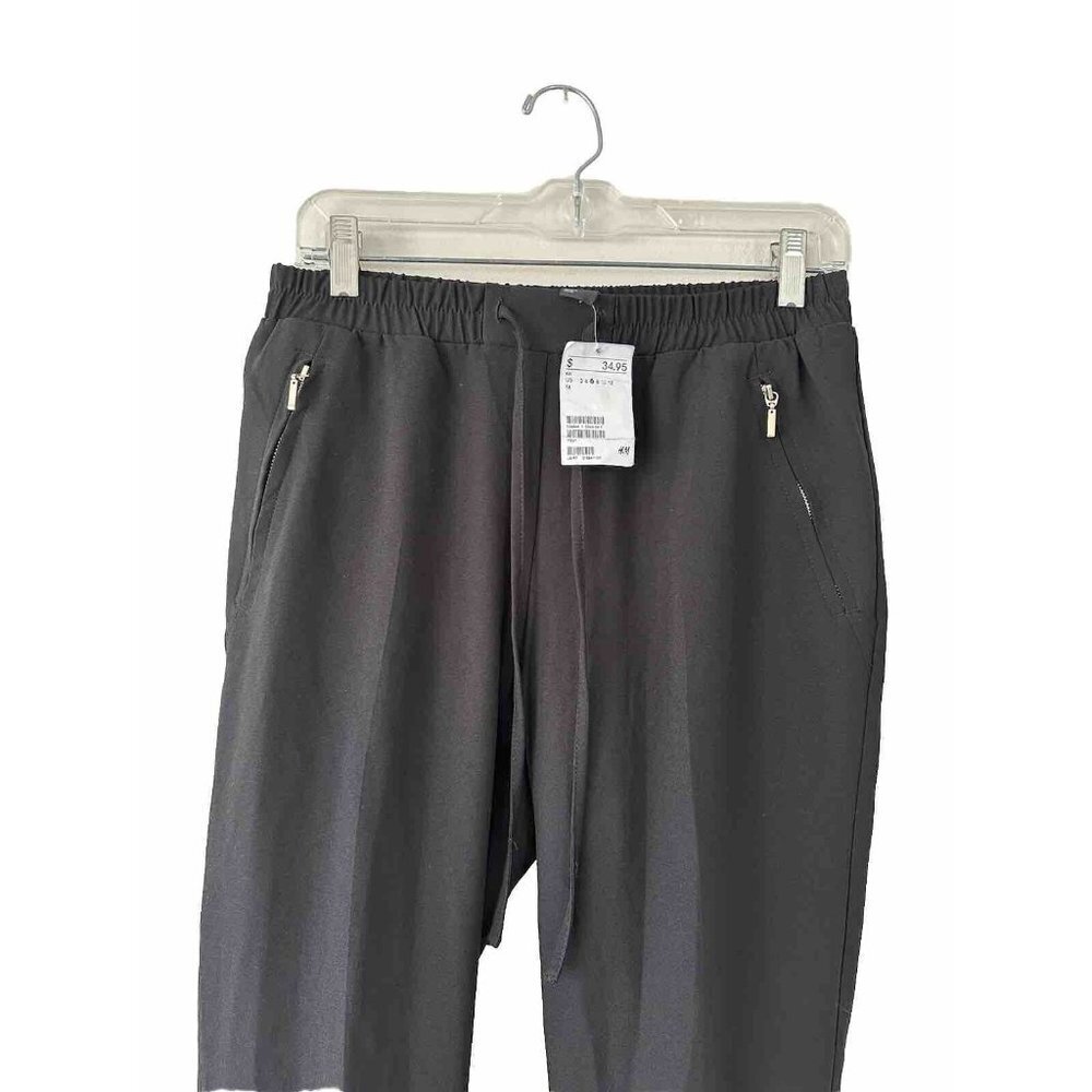 H&M Women Pull On Pants Elastic Waist Drawstring Zippered Pockets Black NWT